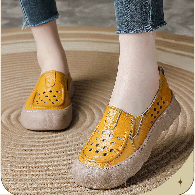 Women's Flats Vintage Hollow-Out Walking Shoes Leather Summer Loafers Retro Slip-On Platform Shoes