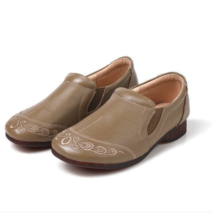 Women's Cowhide Vintage Embroidered Flat Loafers Slip On Walking Shoes