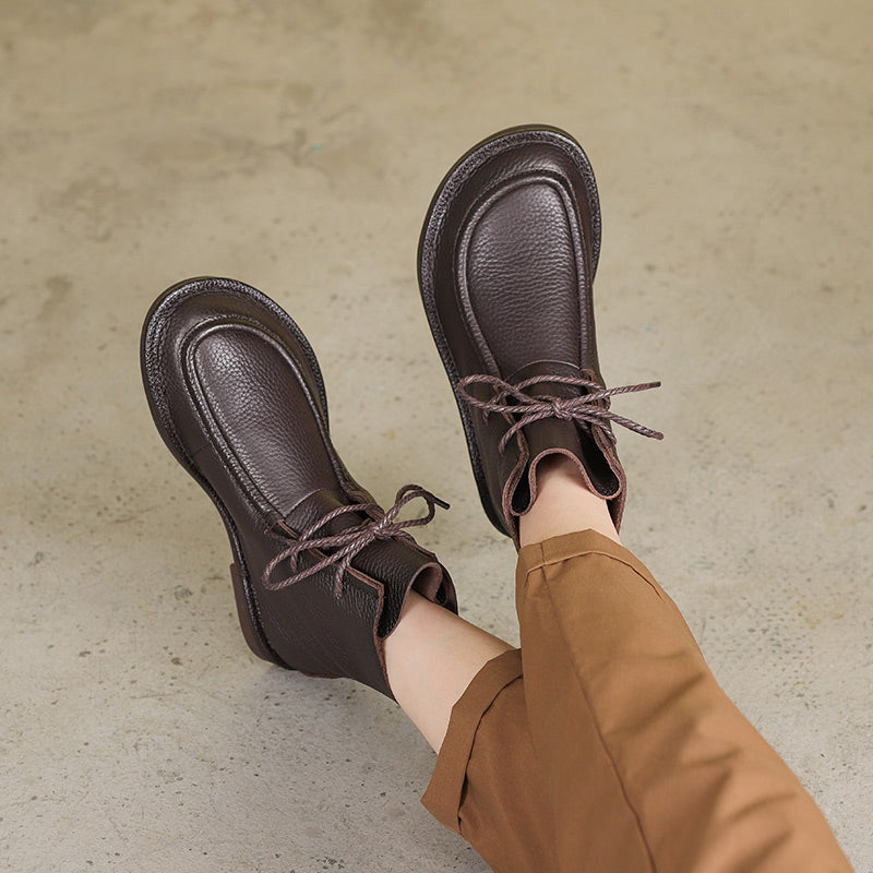 Women's Handmade Vintage Soft Leather Flat Lace-Up Ankle Boots Comfort Fit