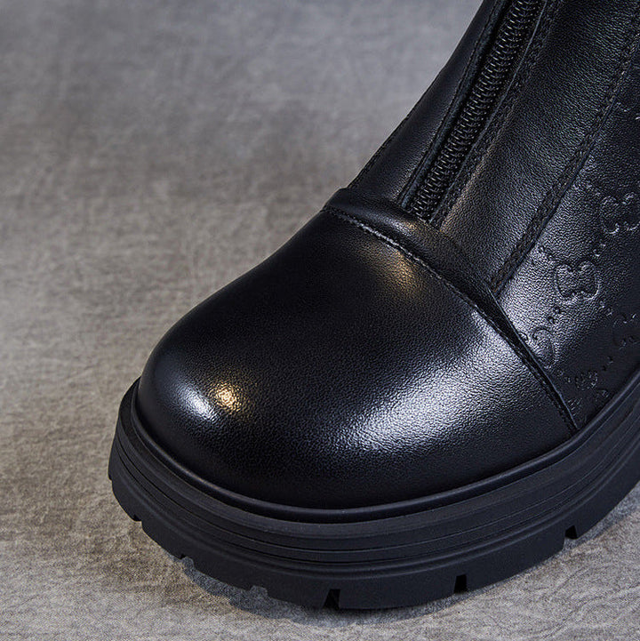 Women's Mid-Calf Embossed Genuine Leather Boots – Buckle Detail Chunky Heel Platform