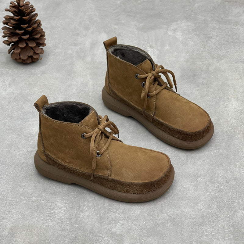 Women's Retro Leather Patchwork Boots – Lace-Up Soft Short Ankle Shoes