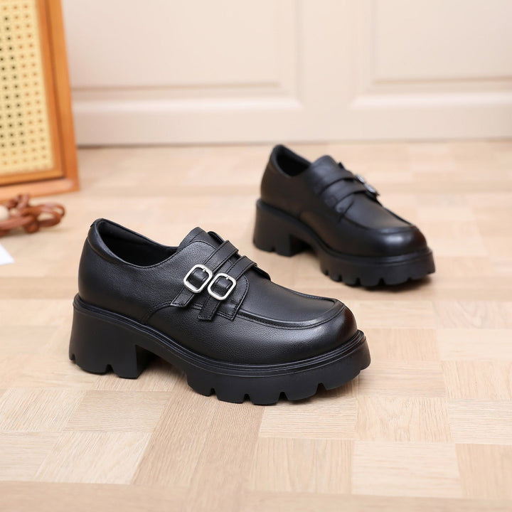Women's Chunky Platform Loafers - Leather Shoes with EVA Outsole - Double Buckle Detail