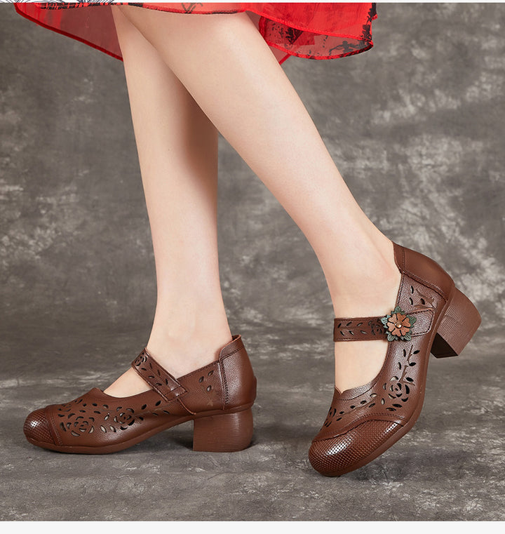 Women's Shoes Retro Summer Leather Sandals Hollowed Out Chunky Heeled
