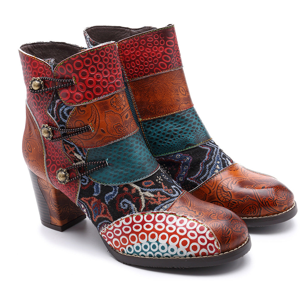 Women's Ankle Booties Genuine Leather Zipper Retro Pattern Boots