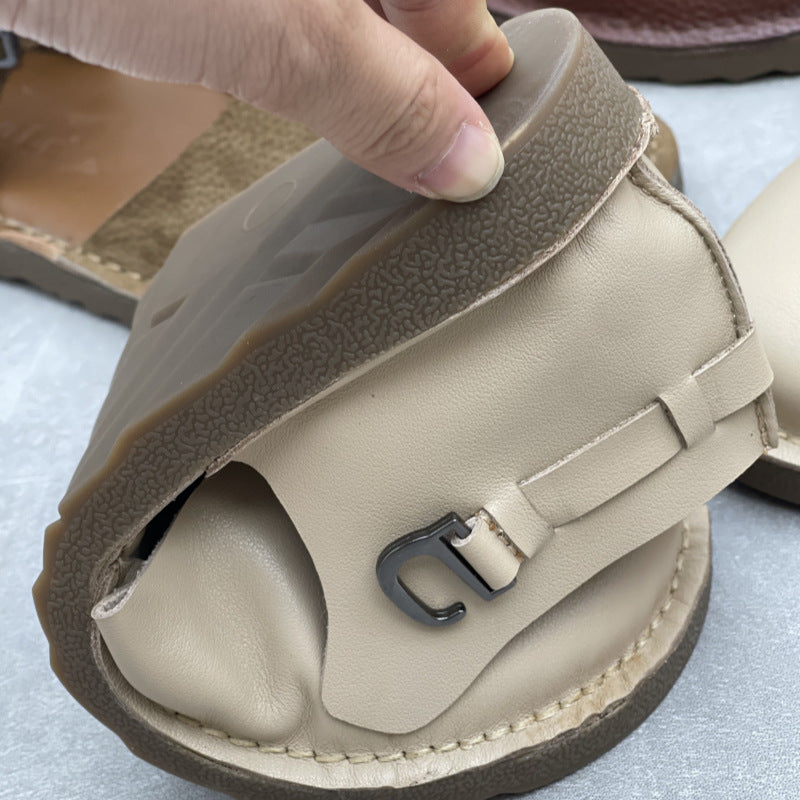 Women's Soft Leather Mary Janes - Round Toe Adjustable Ankle Buckle Strap Flat Sandals Casual Walking Shoes