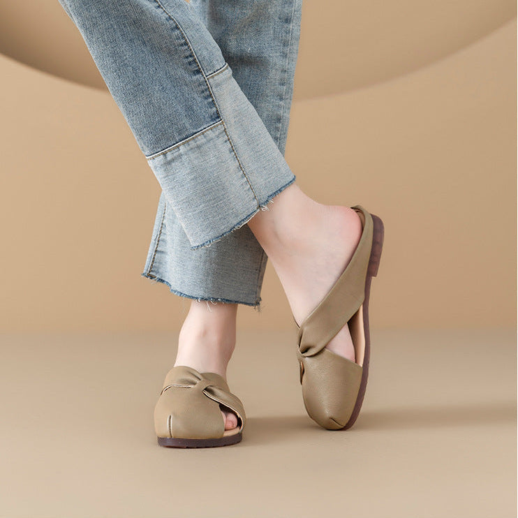 Women's Leather Mules - Closed Round Toe Flat Sandals Casual Slip-On Slides