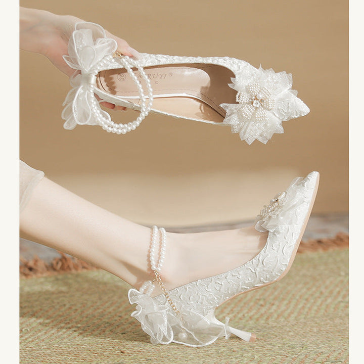 Lace Bow White High Heels Pearl Chain Wedding Party Women's Shoes