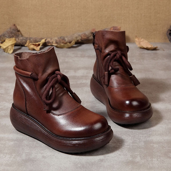Women's Leather Ankle Boots - Platform Chunky Heel  Booties, Zipper Lace-up Fall Winter Shoes