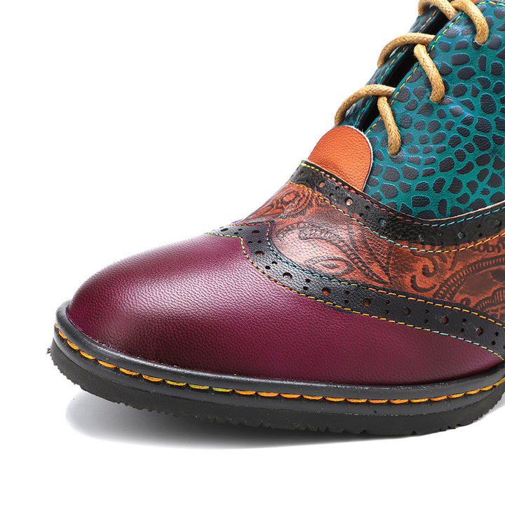 Women's Vintage Patchwork Sheepskin Oxford Pumps Square Toe Lace Up Chunky Heel Shoes