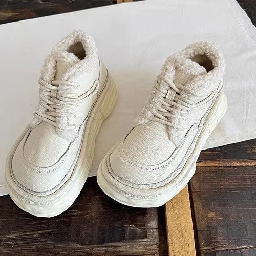 Women's Winter Chunky Leather Lace-Up Shoes – Fleece-Lined & Ugly-Cute Design