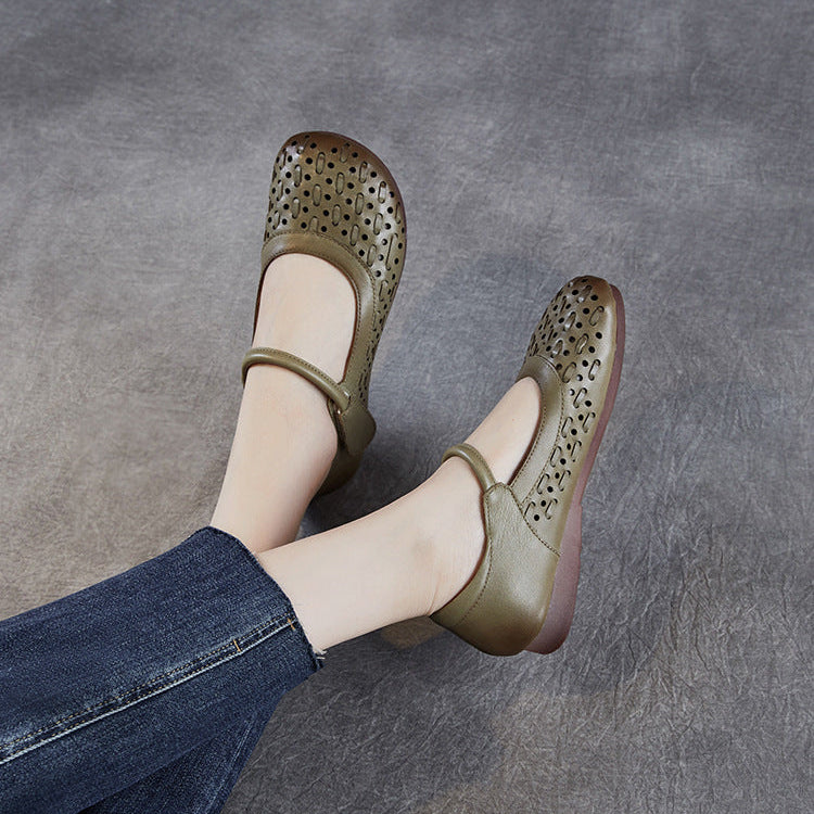 Women's Leather Mary Jane Sandals - Vintage Perforated Cut-Out Closed Round Toe Flat Shoes with Velcro