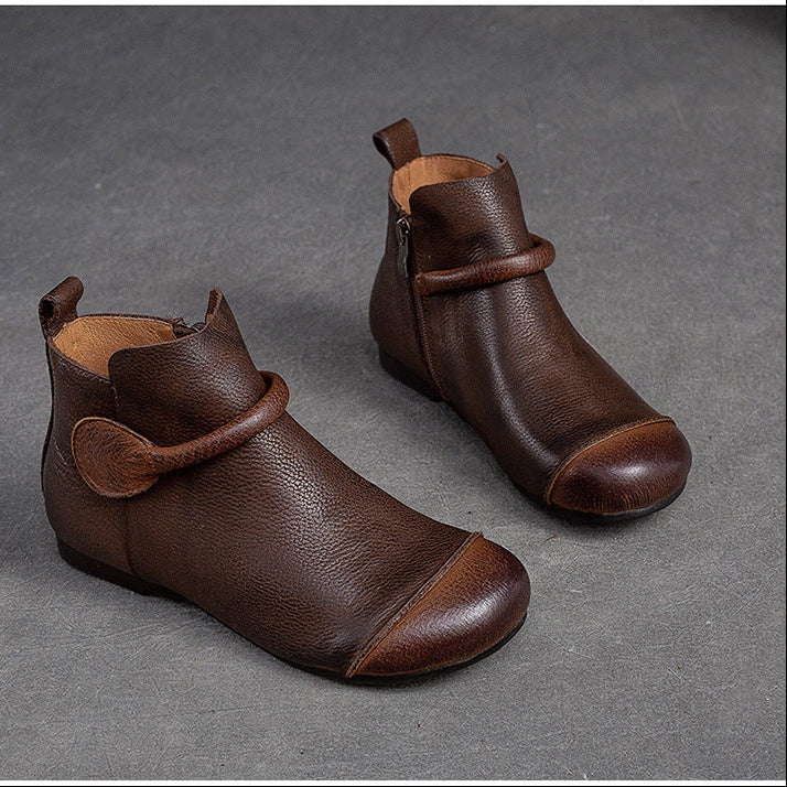 Women's Retro Leather Ankle Boots Vintage Round Toe Velcro Short Booties