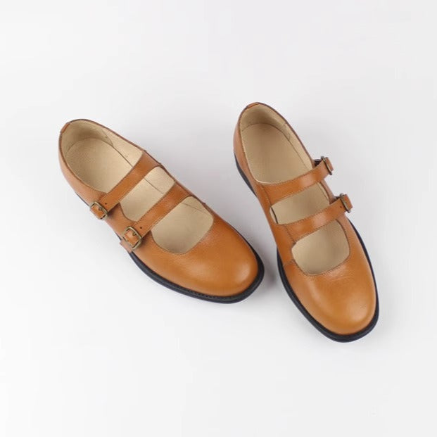 Women's Handmade Leather Classic British Style Double Buckle Mary Jane Shoes