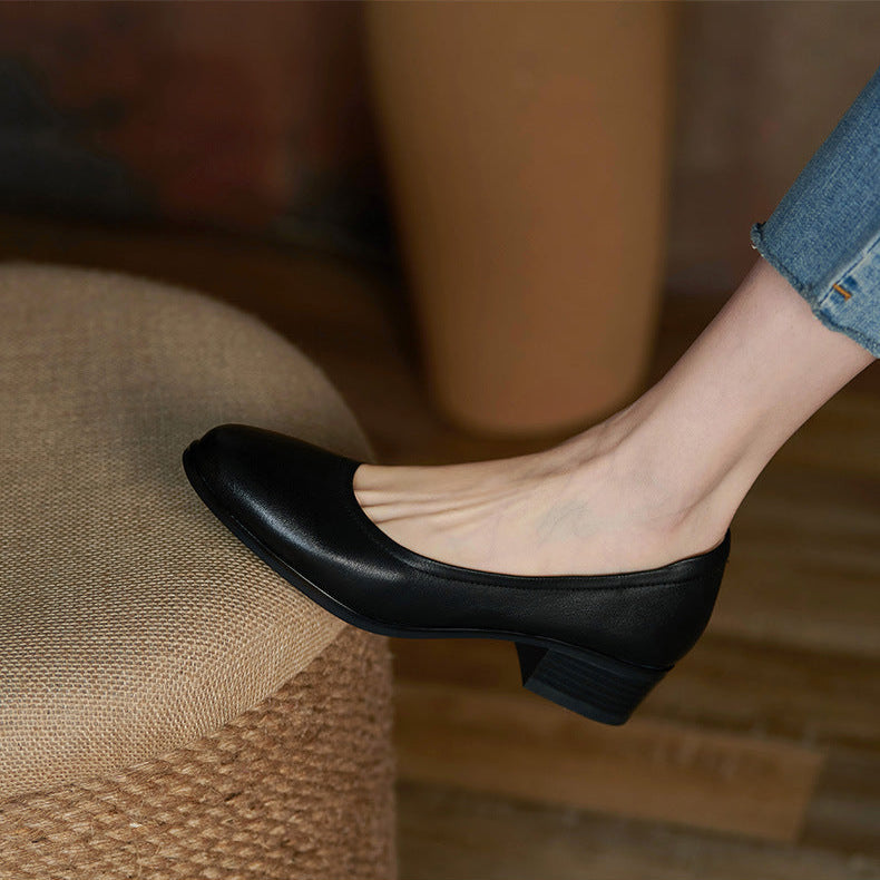 Women's Black Leather Pumps - Low Heel for Office & Business