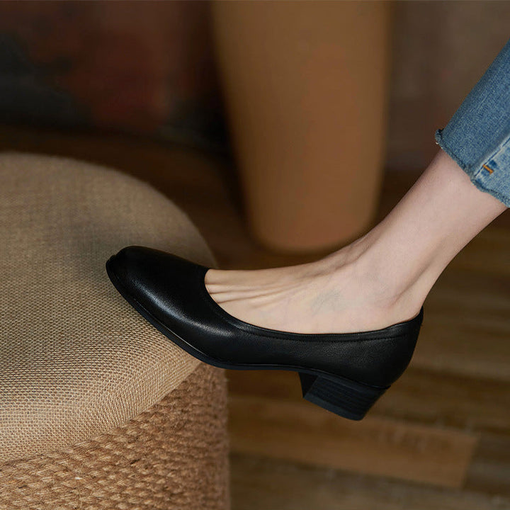 Women's Black Leather Pumps - Low Heel for Office & Business