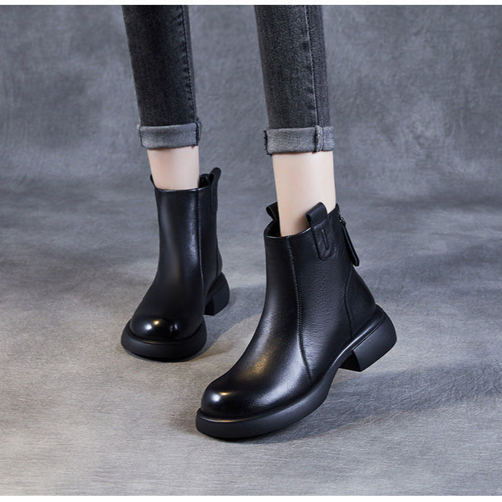 Women's Low Heel Casual Genuine Leather Boots with Back Zipper