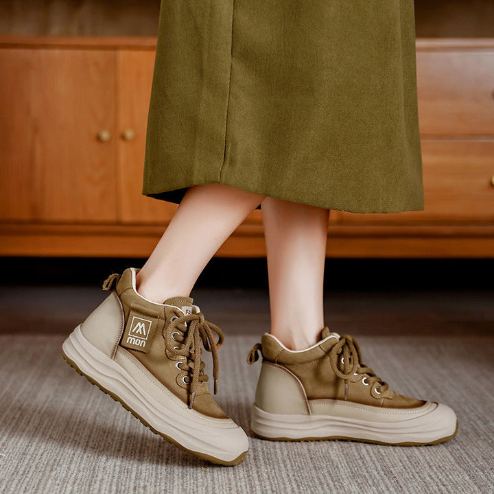 Trendy Women's Leather Platform Sneakers – High-Top Lace-Up Casual Shoes