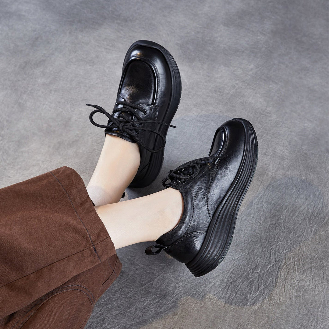 Women’s Leather Lace-Up Platform Wedge Shoes – Retro Non-Slip Casual Style