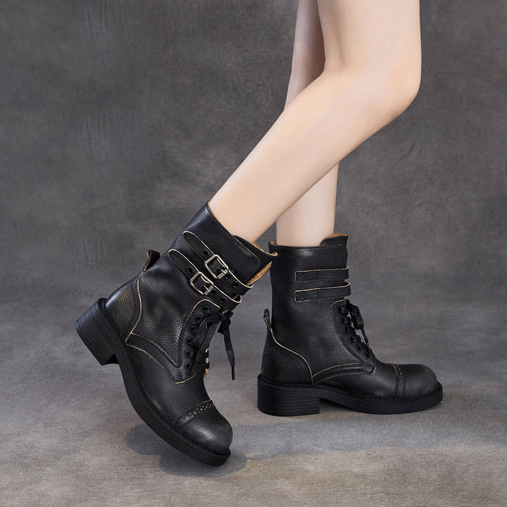 Women‘s Retro Cowhide Mid-Calf Boots Vintage Round Toe Buckle Lace-up Combat Boots
