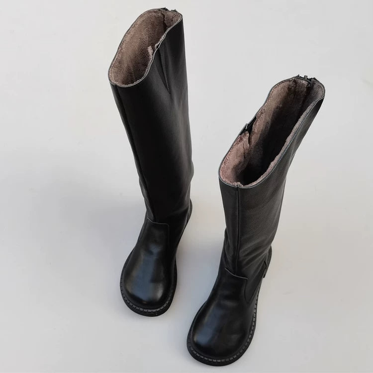 Women's Winter Fleece-lined Wide Toe Box Genuine Leather Knee High Boots British Style Riding Boots