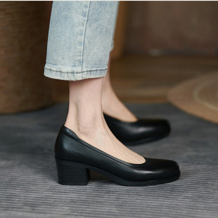 Women's Black Leather Pumps - Low Heel for Office & Business