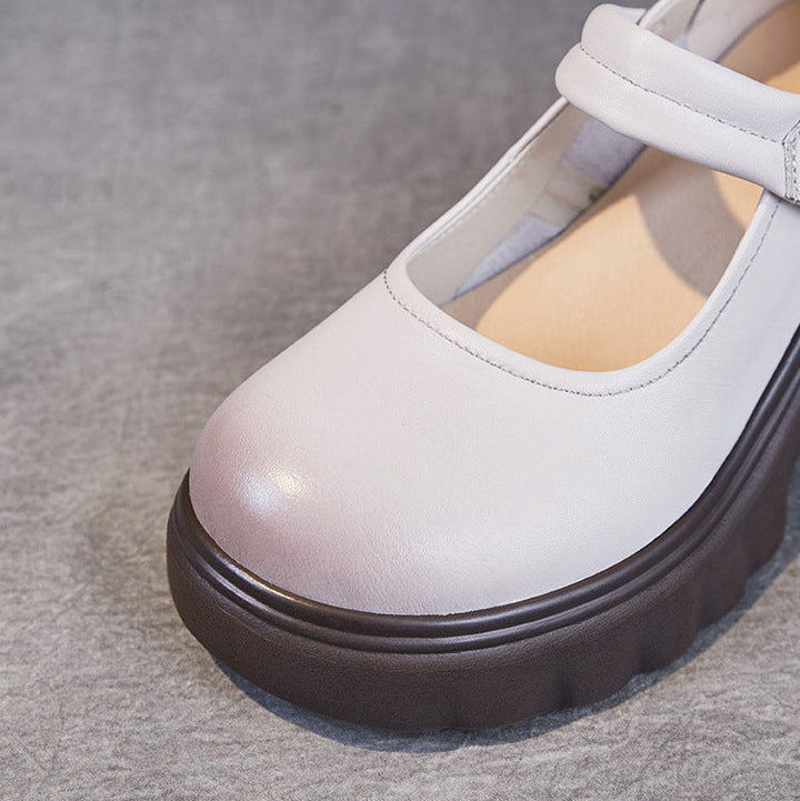 Luxury Leather Mary Janes for Women - Platform Heel with Velcro