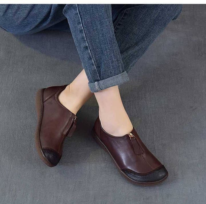 Women's Vintage Leather Slip-On Flats Front Zipper Soft Sole Driving Shoes