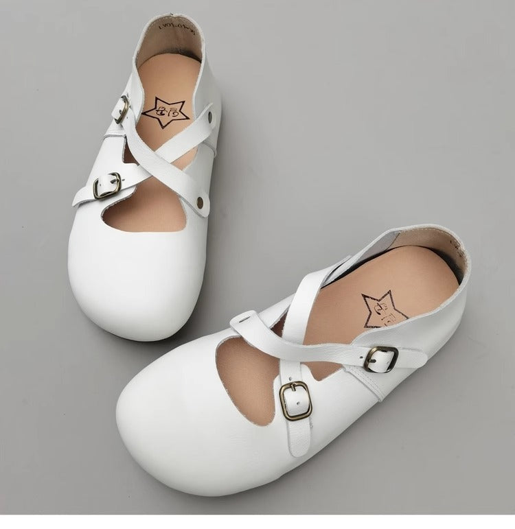 Women's Hidden Wedge Heel Shoes - Handmade Vintage Style with Cross Strap Buckle