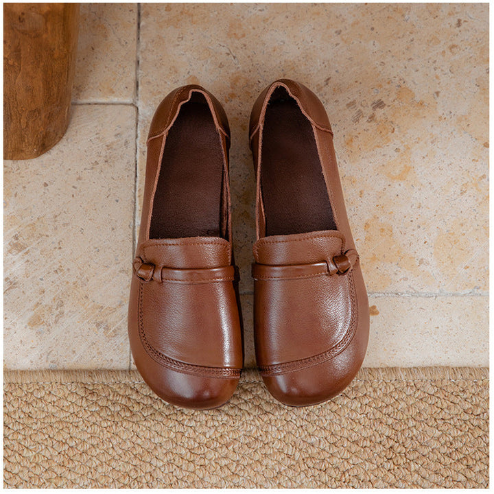 Women's Soft Leather Flats - Vintage Square Toe Drawstring Comfort Walking Shoes
