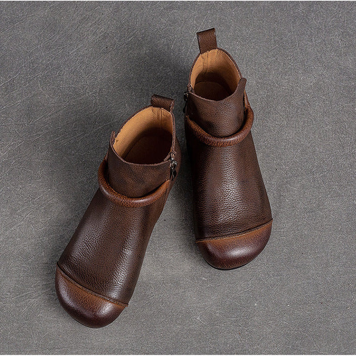 Women's Retro Leather Ankle Boots Vintage Round Toe Velcro Short Booties