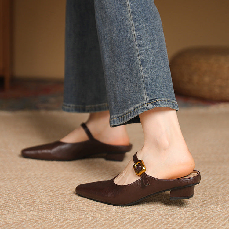 Women's Mary Jane Mules - Square Toe Gold Buckle Low Kitten Heel Slides