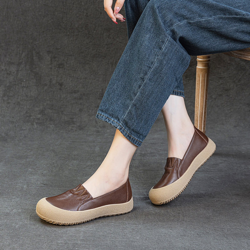 Womens Casual Leather Slip-on Loafers Closed Toe Platform Walking Shoes Anti-Collision