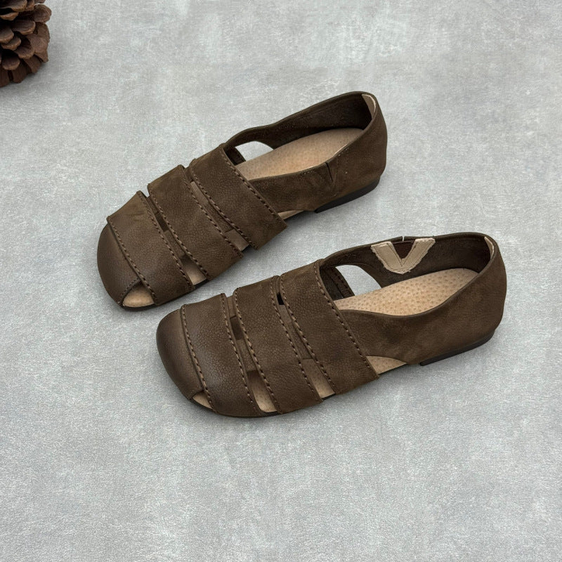 Women's Leather Hollow-Out Fisherman Sandals Casual Summer Retro Square Toe Shoes
