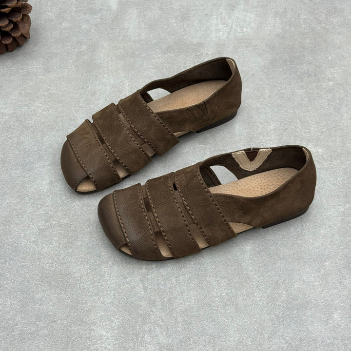 Women's Leather Hollow-Out Fisherman Sandals Casual Summer Retro Square Toe Shoes