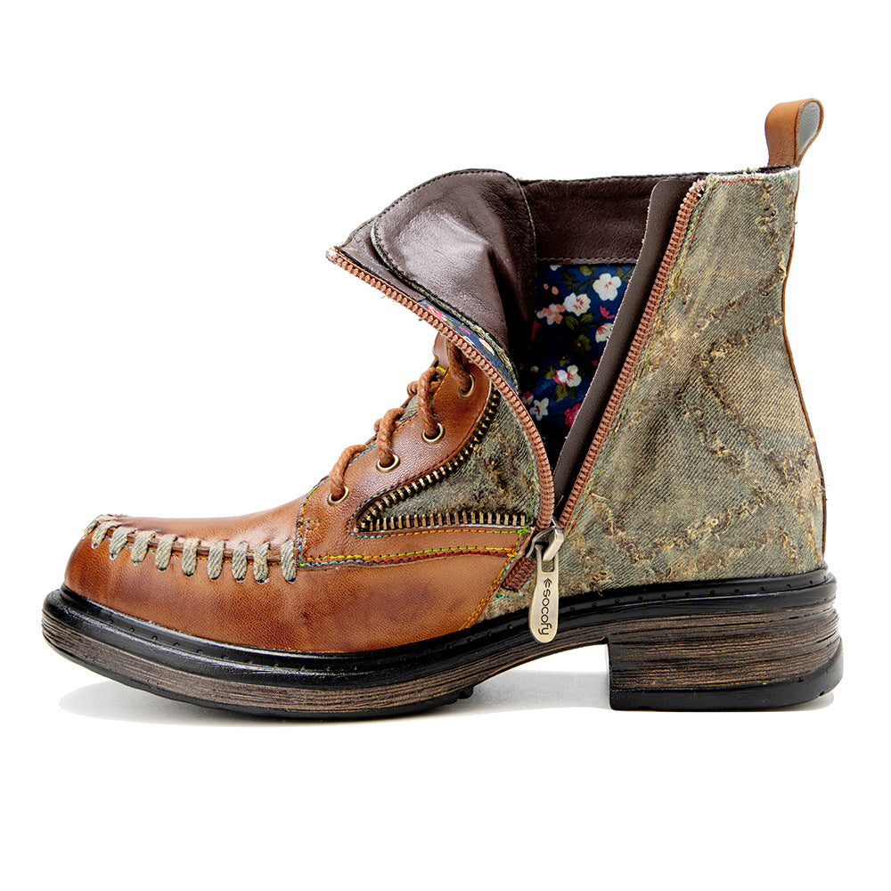 Women's Vintage Distressed Denim Sheepskin Ankle Boots Side Zipper Lace Up Combat Booties