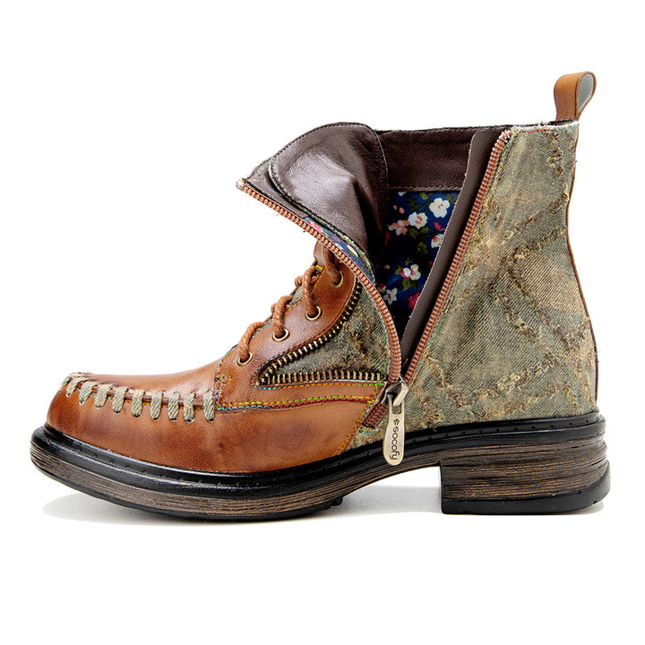 Women's Vintage Distressed Denim Sheepskin Ankle Boots Side Zipper Lace Up Combat Booties