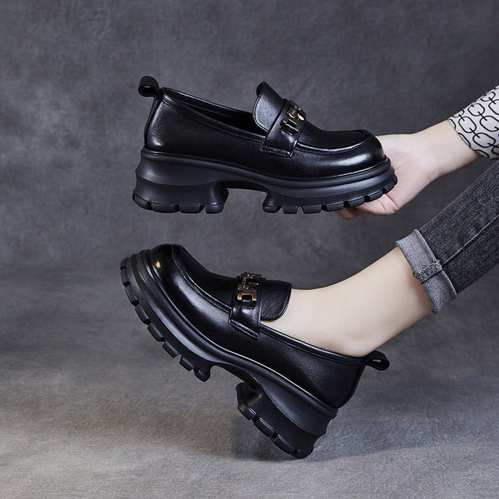 Women's Genuine Leather Platform Loafers - Chunky Heel with Metallic Hardware Details