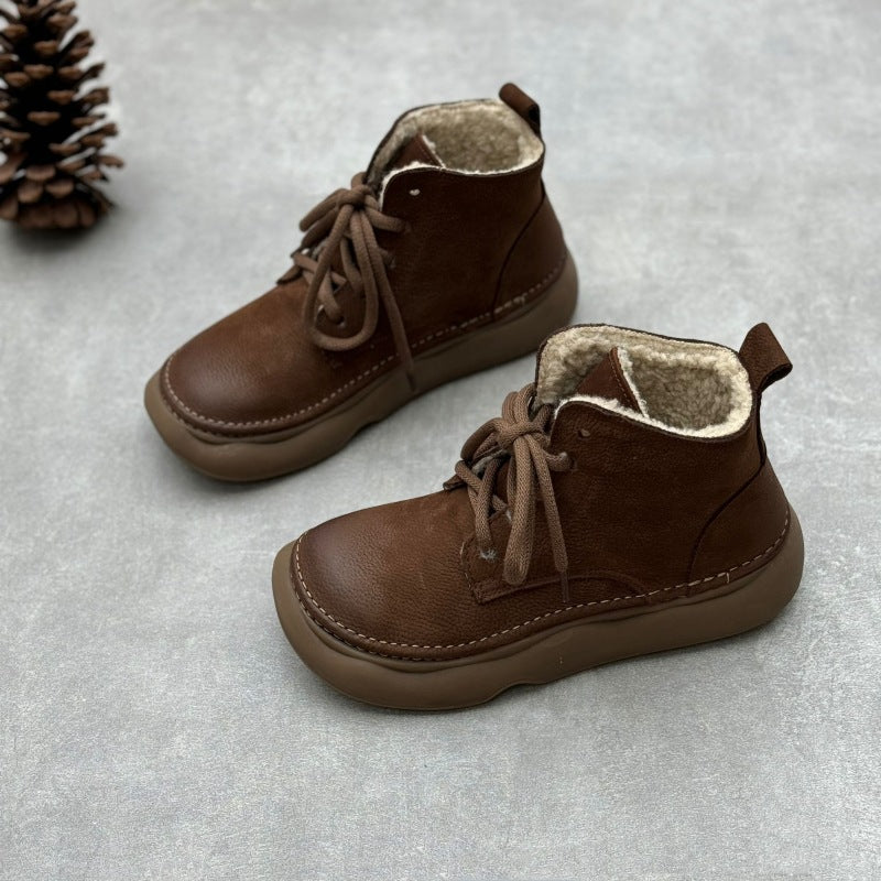 Retro Style Women's Soft Leather Ankle Boots – Platform Lace-Up Short Boots