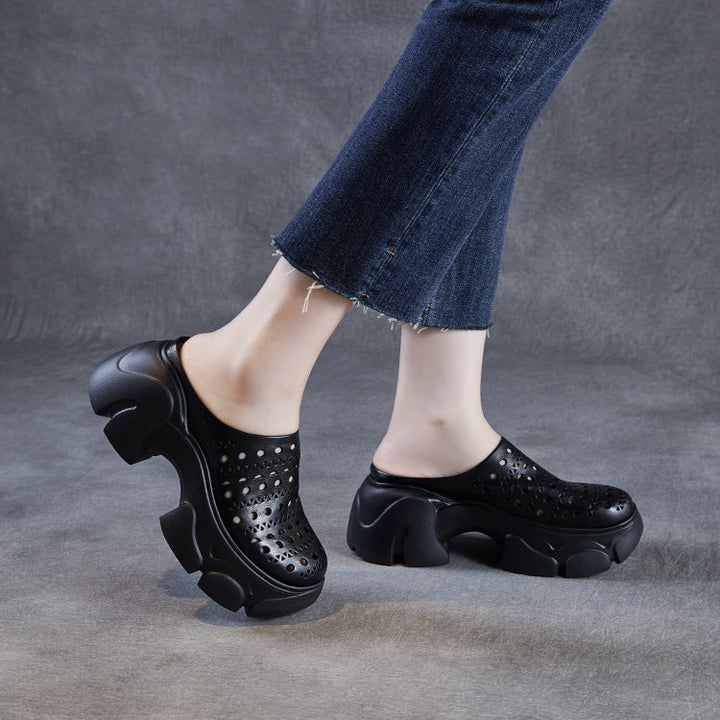 Women's Leather Platform Mules - Hollow Out Perforated Closed Round Toe Chunky Sandals Summer Slides