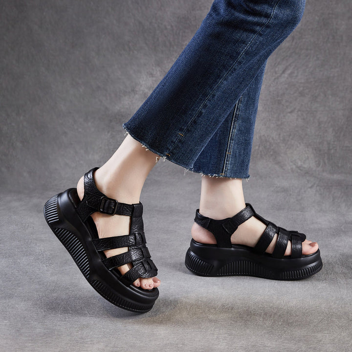 Women's Retro Leather Roman Sandals Vintage Round Toe Platform Chunky Platform Heels