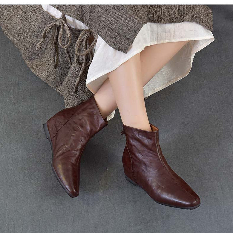 Women's Pointed Toe Top-Grain Leather Wedge Ankle Boots Mid Heel Back Zipper Booties