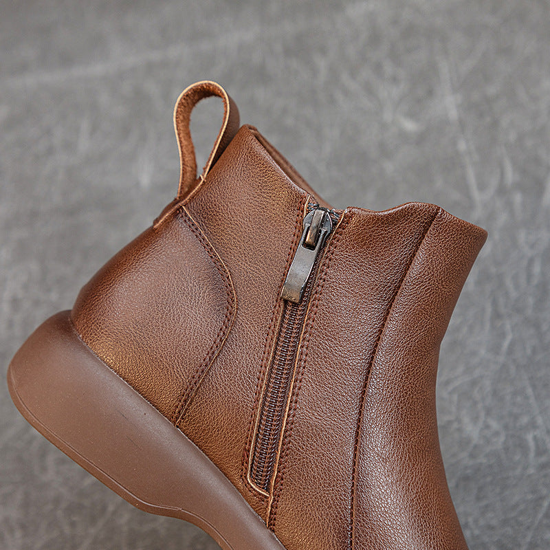 Women's Comfortable Leather Ankle Boots – Low Heel with Side Zipper