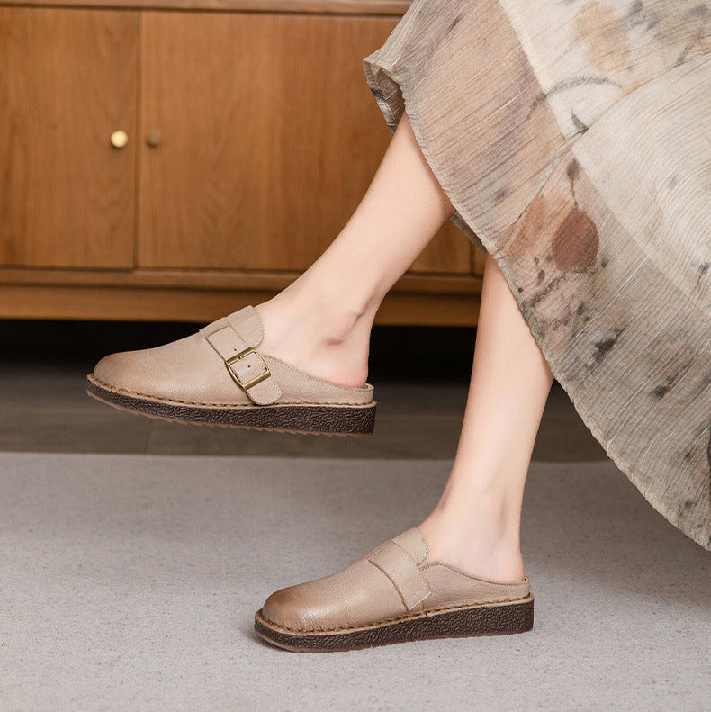 Wide Round Toe Leather Buckle With Decoration Flat Comfort Women's Mule Shoes