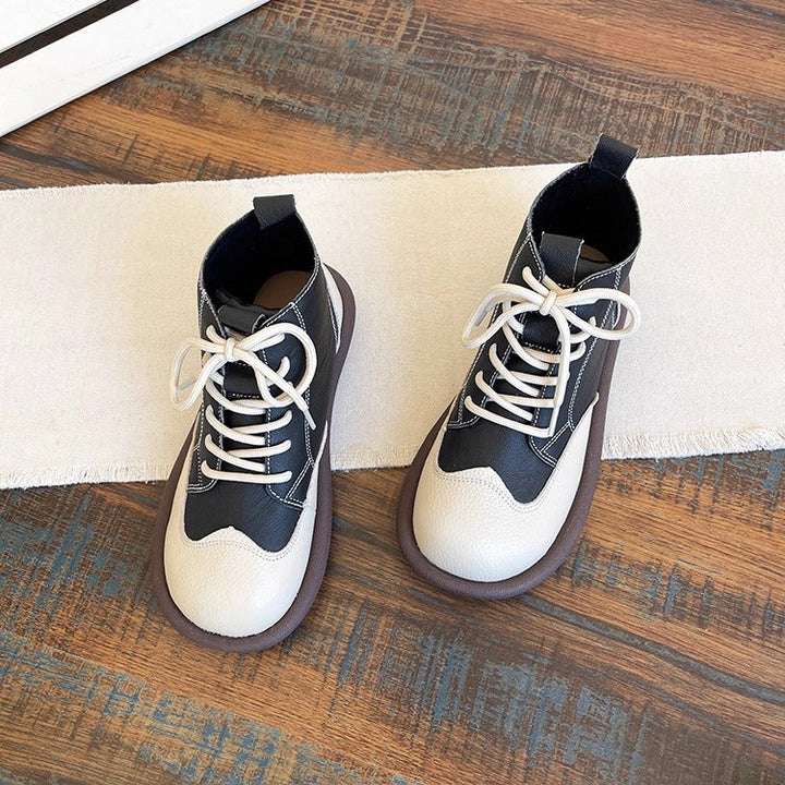 Women's Leather Lace-Up Ankle Shoes – Round Toe & Patchwork Design