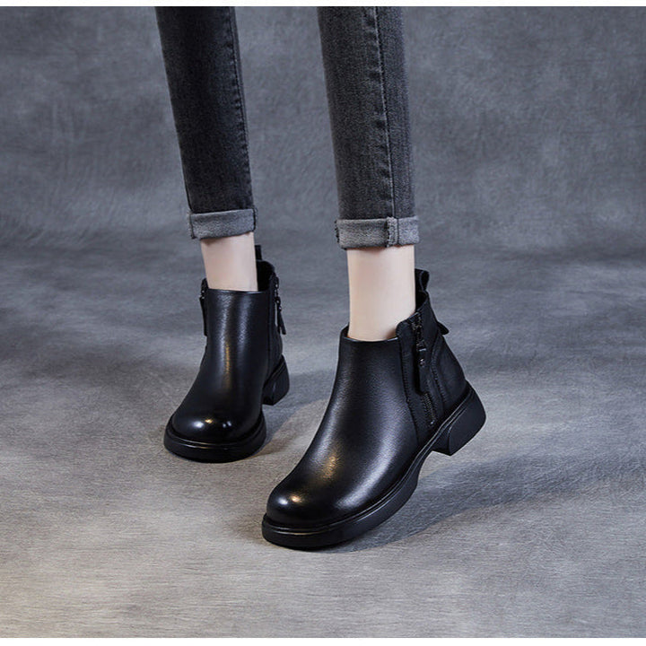 Women's Genuine Leather Casual Ankle Boots – Comfortable Double Zipper Design