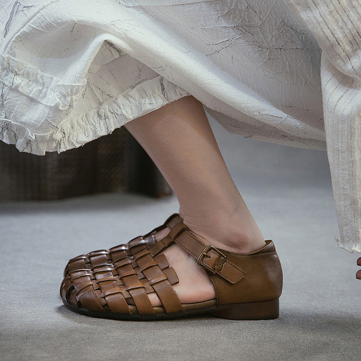 Women's Retro Woven Fisherman Sandals Vintage Leather Velcro Cage Flats