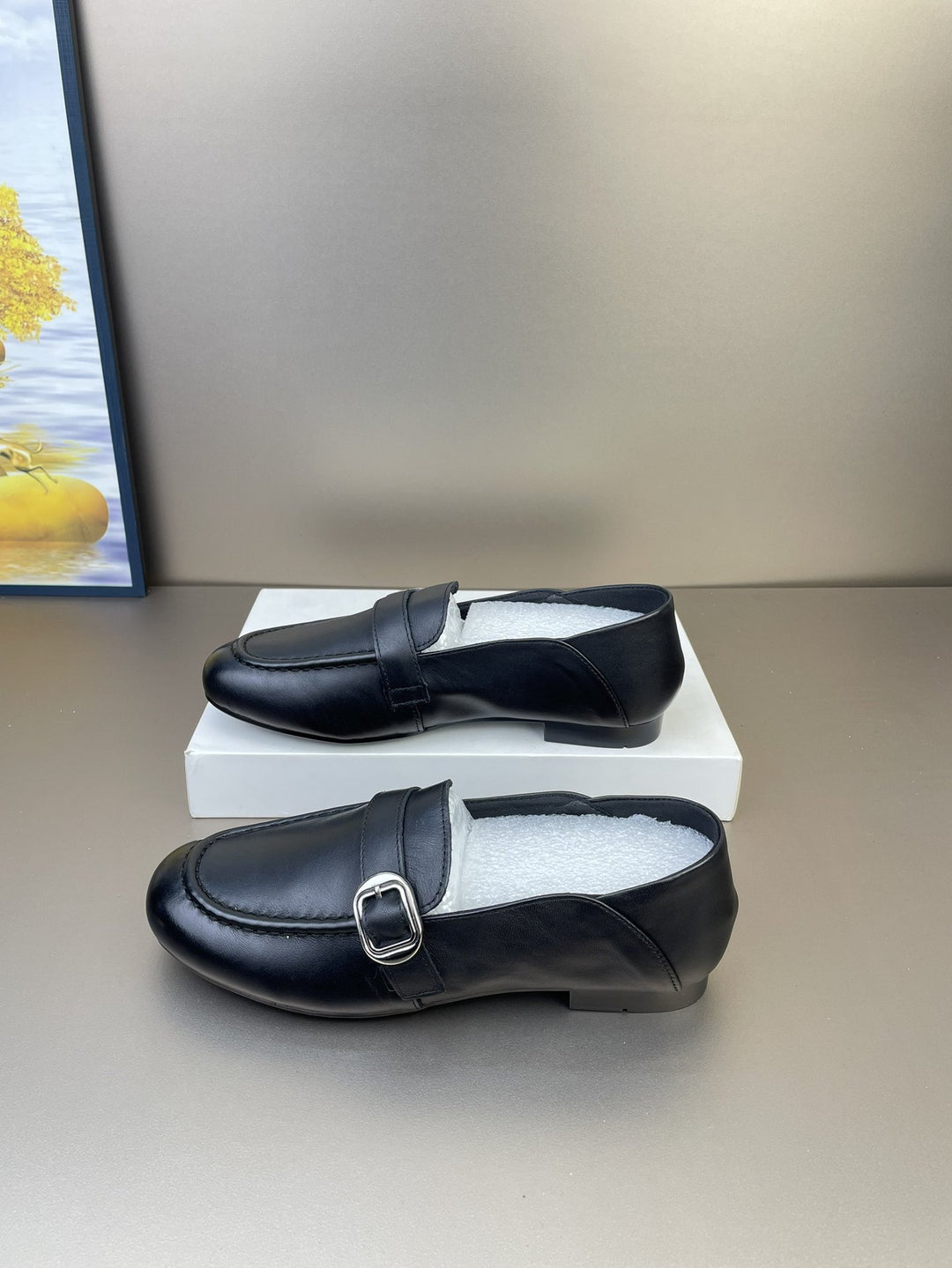 Women's Leather Casual Loafers - Soft Step-Down Back Flat Moccasins with Metal Buckle