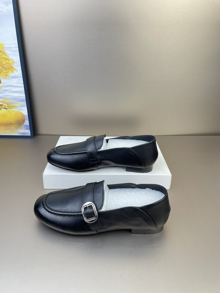 Women's Leather Casual Loafers - Soft Step-Down Back Flat Moccasins with Metal Buckle