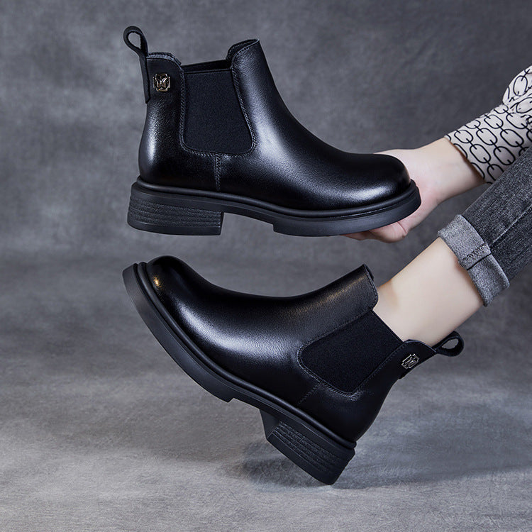 Women's Leather Short Boots – Chelsea Style Chunky Heel Comfort Shoes