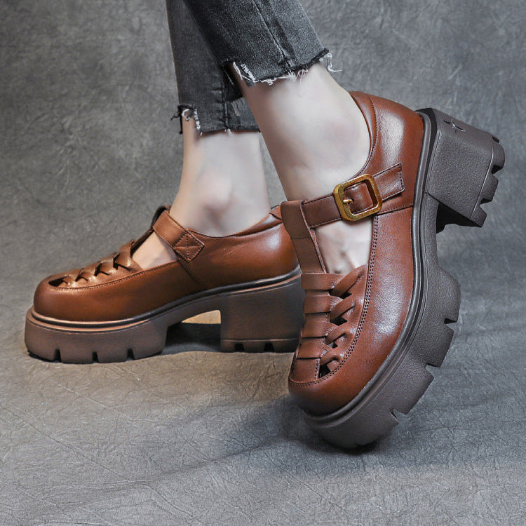 Women's Genuine Leather Fisherman Sandals - Chunky High Heel & Closed Toe Design